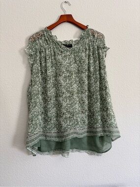 Lane Bryant Sage Green Floral Ruffle Neck Shell